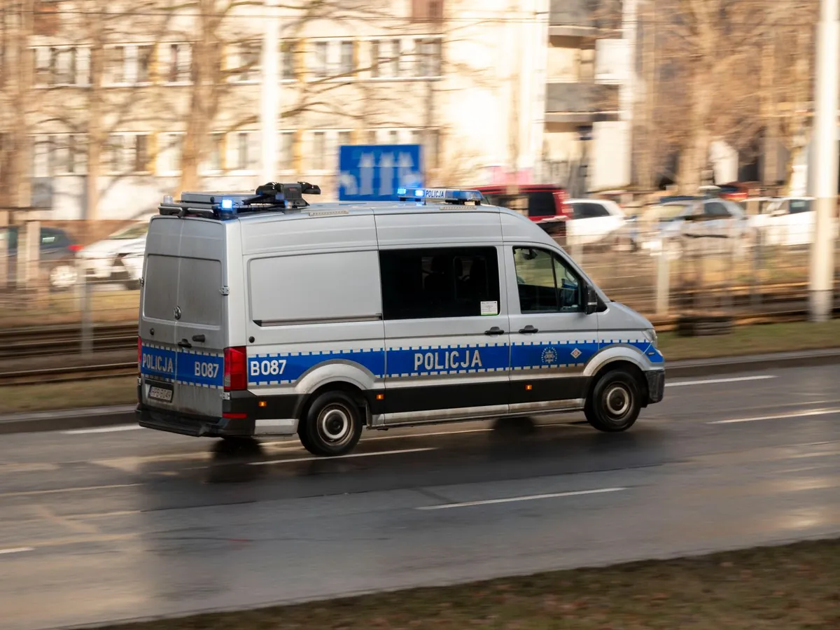 Oznakowany policyjny van jedzie ulicą, a w tle widać zabudowę miejską.