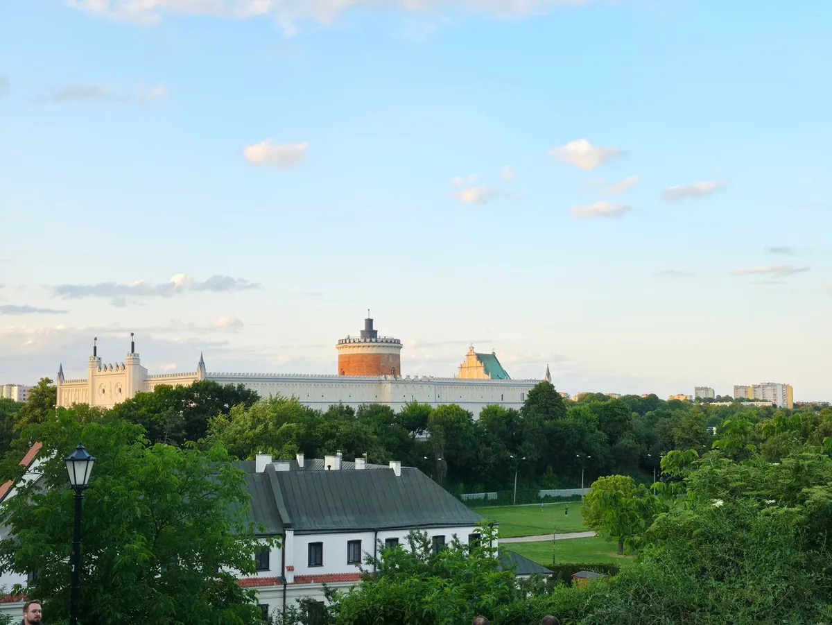 Zielony park na tle panoramy miasta z zamkiem i wieżami.